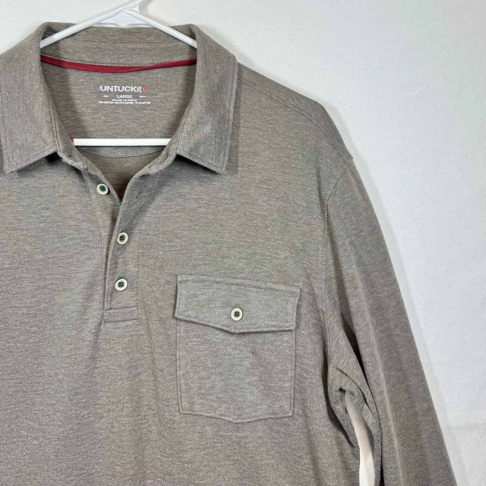 UNTUCKIT Matthieu Style Long Sleeve Polo‎ Shirt Button Pocket Heathered Sz Large